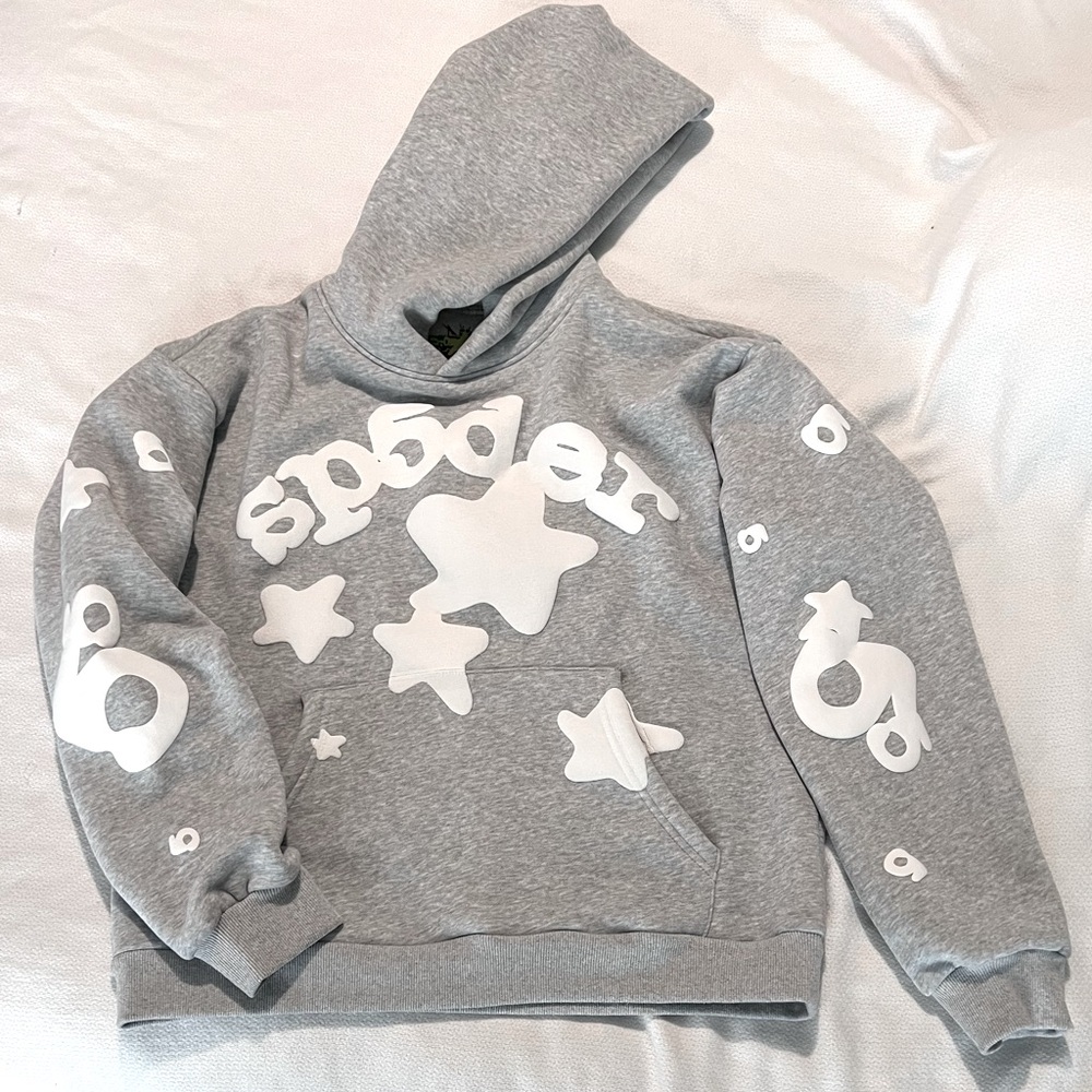 Authentic Sp5der Gray Hoodie with White Star Graphics